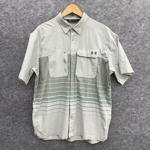 Under Armour HeatGear Men's Short Sleeve Shirt Vented Fishing Gray Stripes, XL